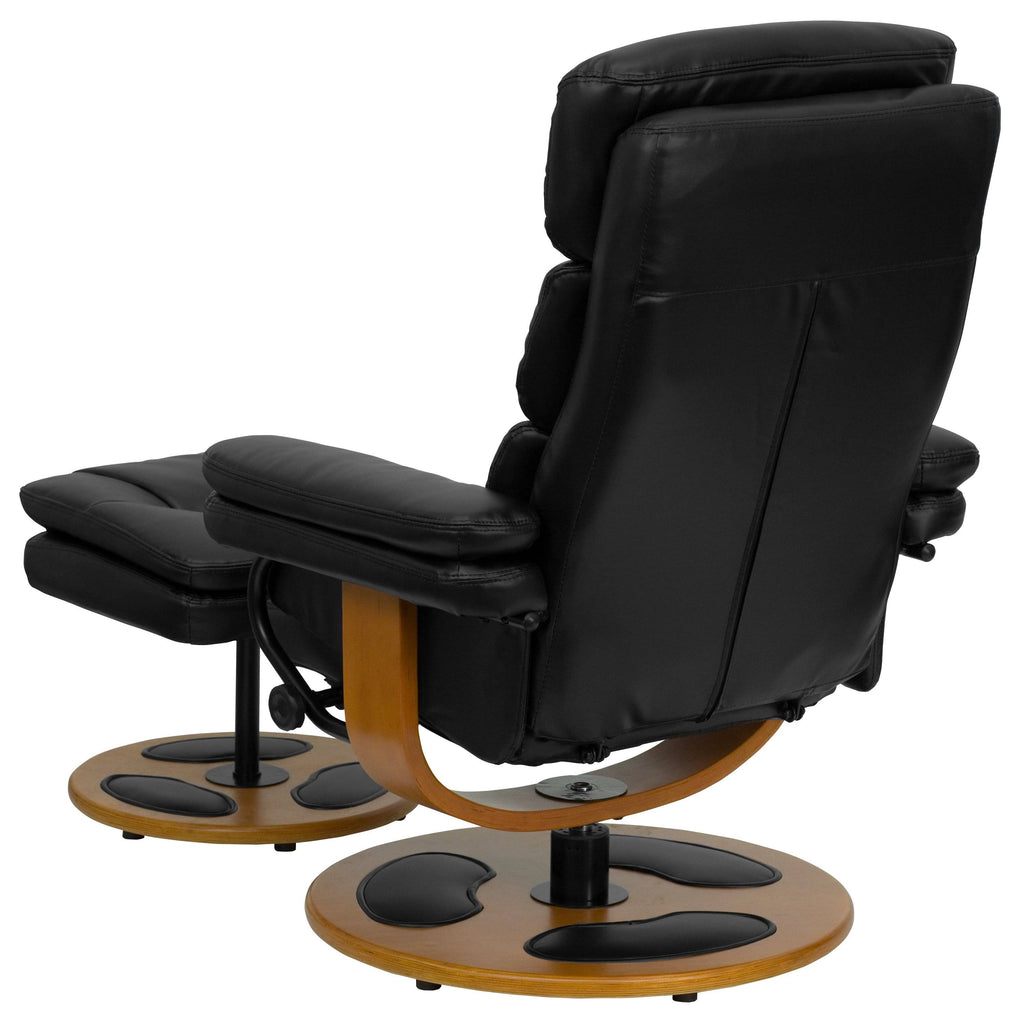 Black Leather Recliner and Ottoman with Wood Base P721138