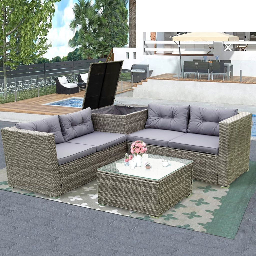 4 Pieces All Weather Wicker Rattan Patio Sectional Sofa Set with Storage Box & Ottoman, Gray A643125