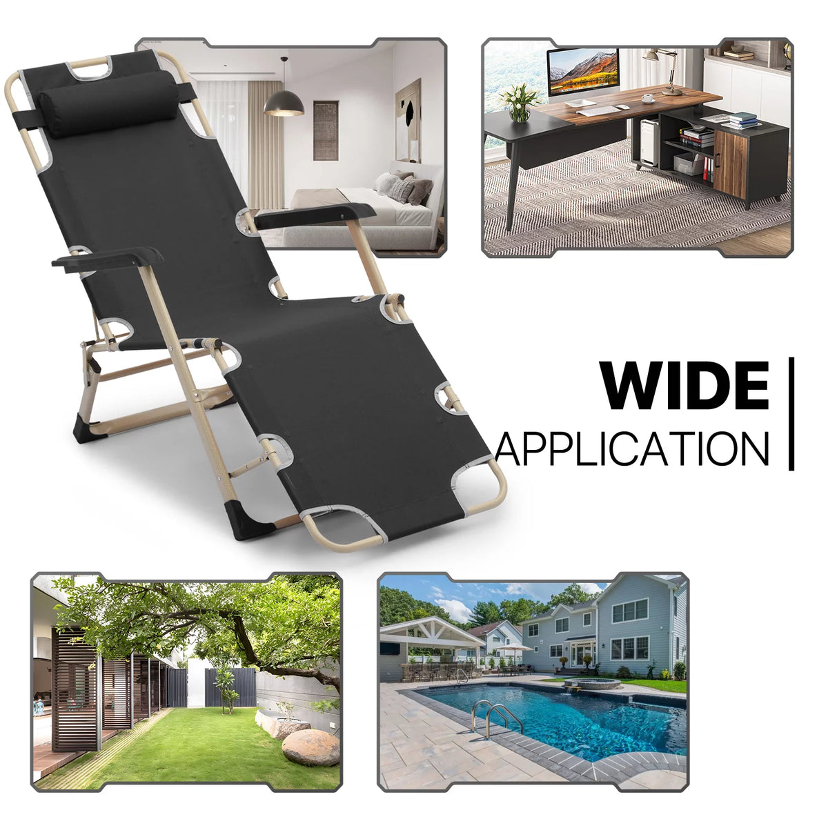 Set of 2 Black Folding Lounge Chair with Adjustable Headrest M491