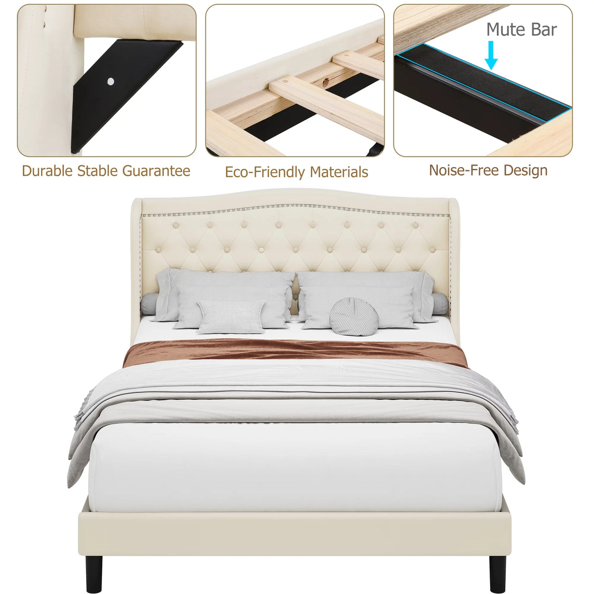 King Bed Frame with Wing-Back Button Tufted Upholstered Headboard J53049