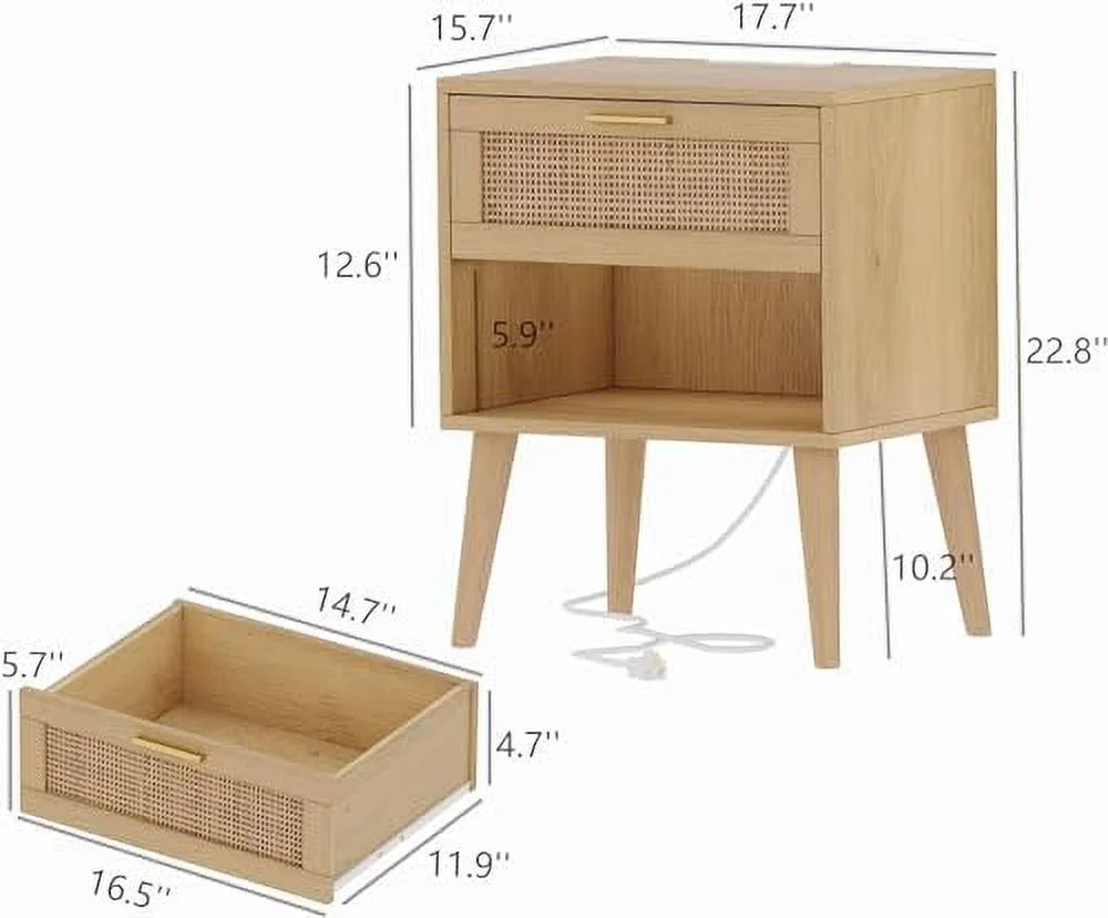 Rattan Nightstand with Charging Station 5 Drawers U28845