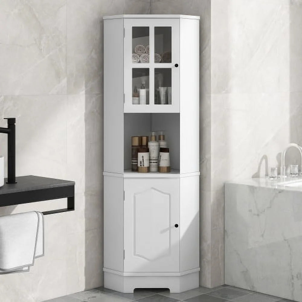 White Tall Bathroom Storage Cabinet with Glass Door D802077