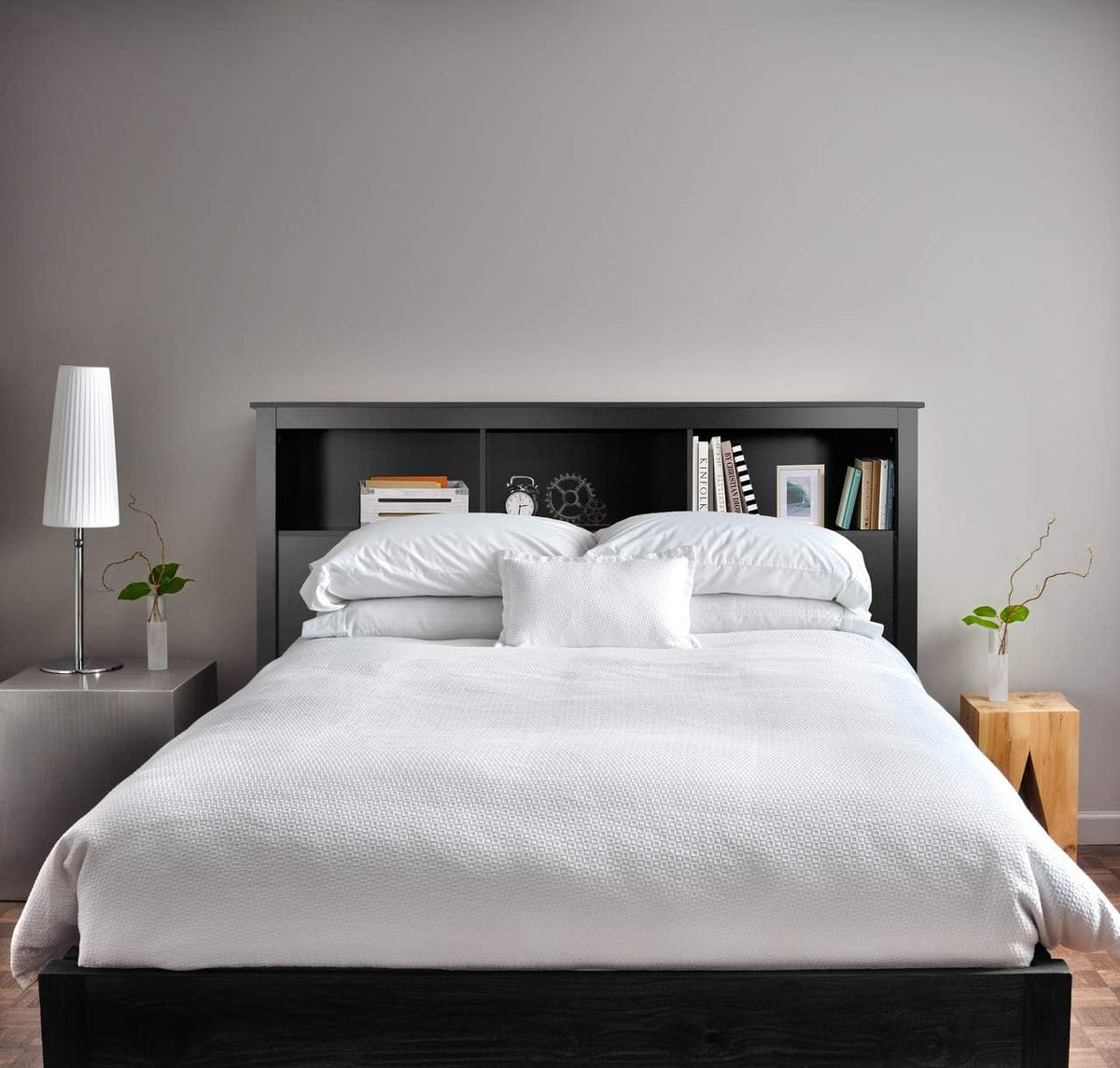 Queen Size Solid Black Wood Bookcase Headboard E661681