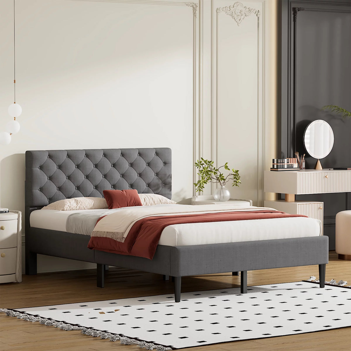 Full Size Gray Linen Upholstered Platform Bed with Tufted Headboard R57628