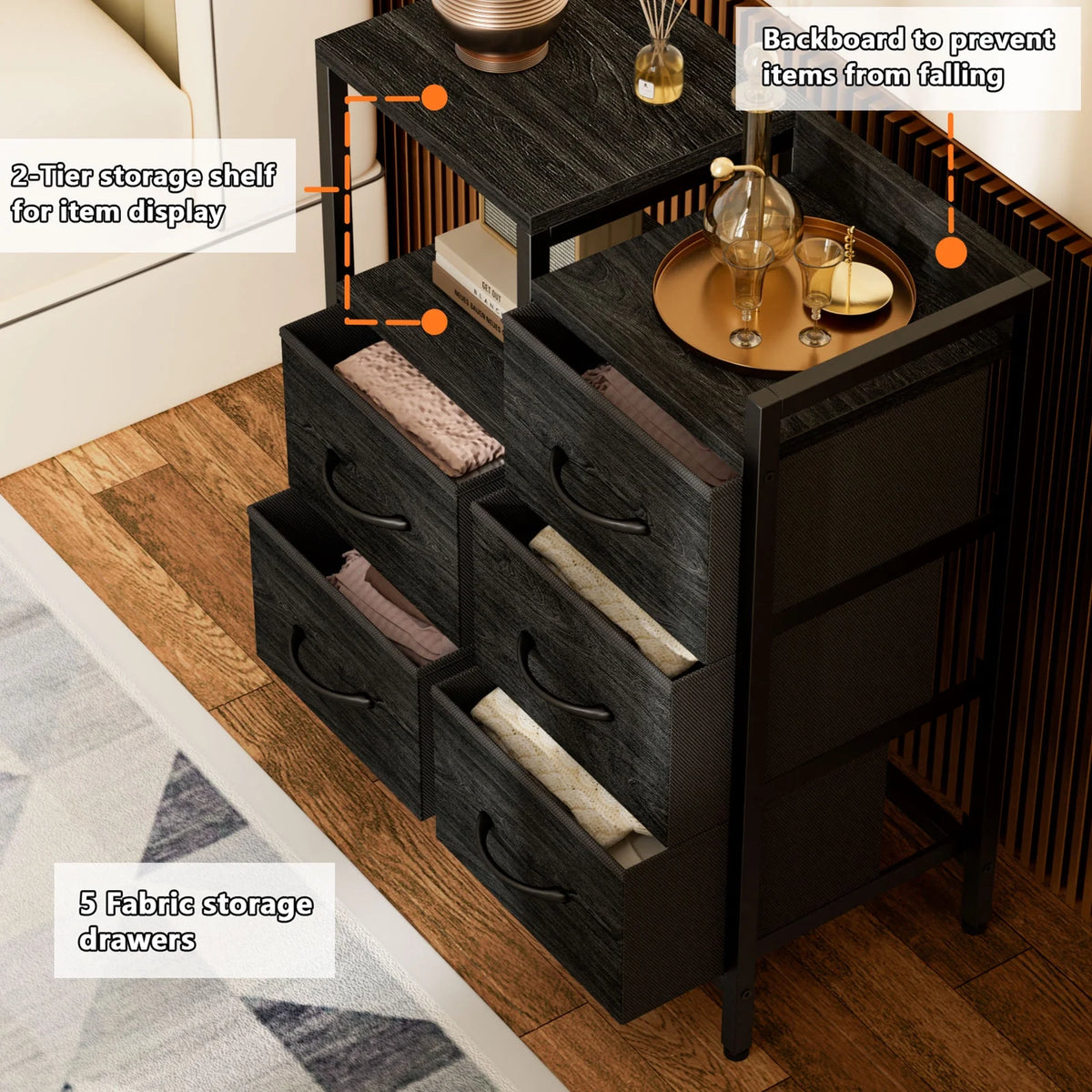 5 Fabric Drawers Rustic Brown Dresser with Shelves R345