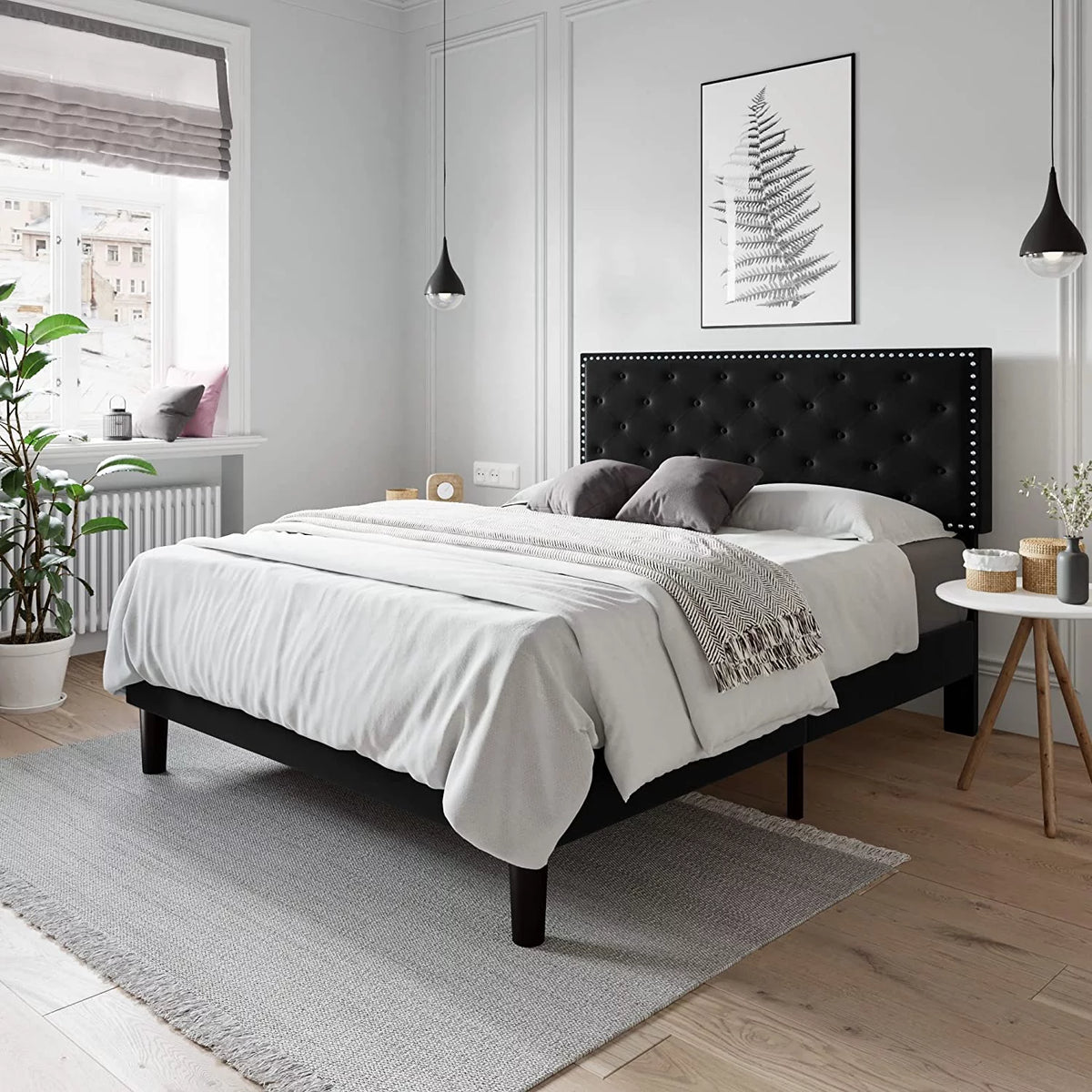 Queen Size Velvet Upholstered Platform Bed with Tufted Headboard W8655