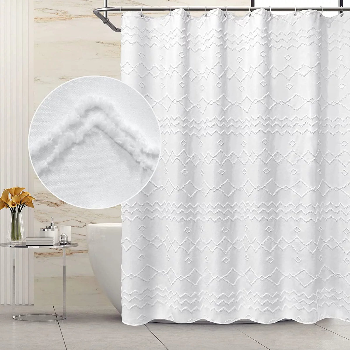 White Tufted Chevron Striped Fabric Shower Curtain 72" x 96" Q88051