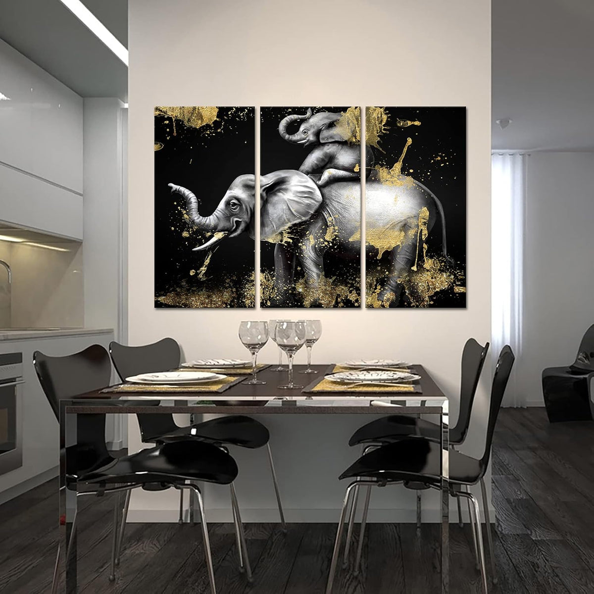 Black and Gold Elephant Canvas Art Set of 3 Framed Ready to Hang B67128