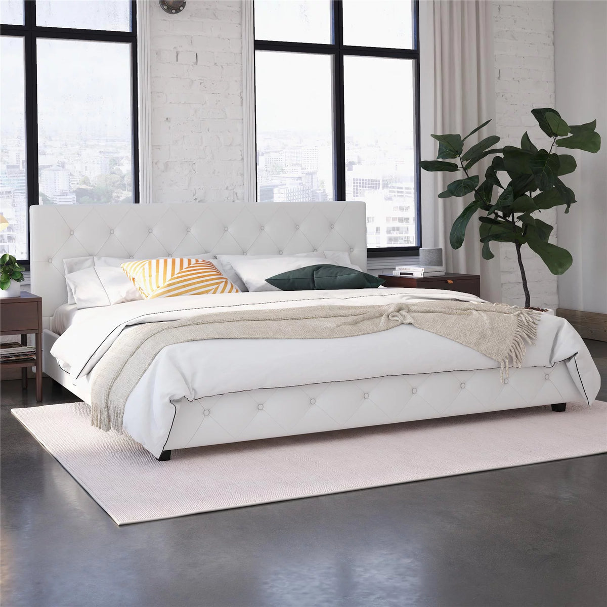 Queen Camel Faux Leather Upholstered Platform Bed O573839