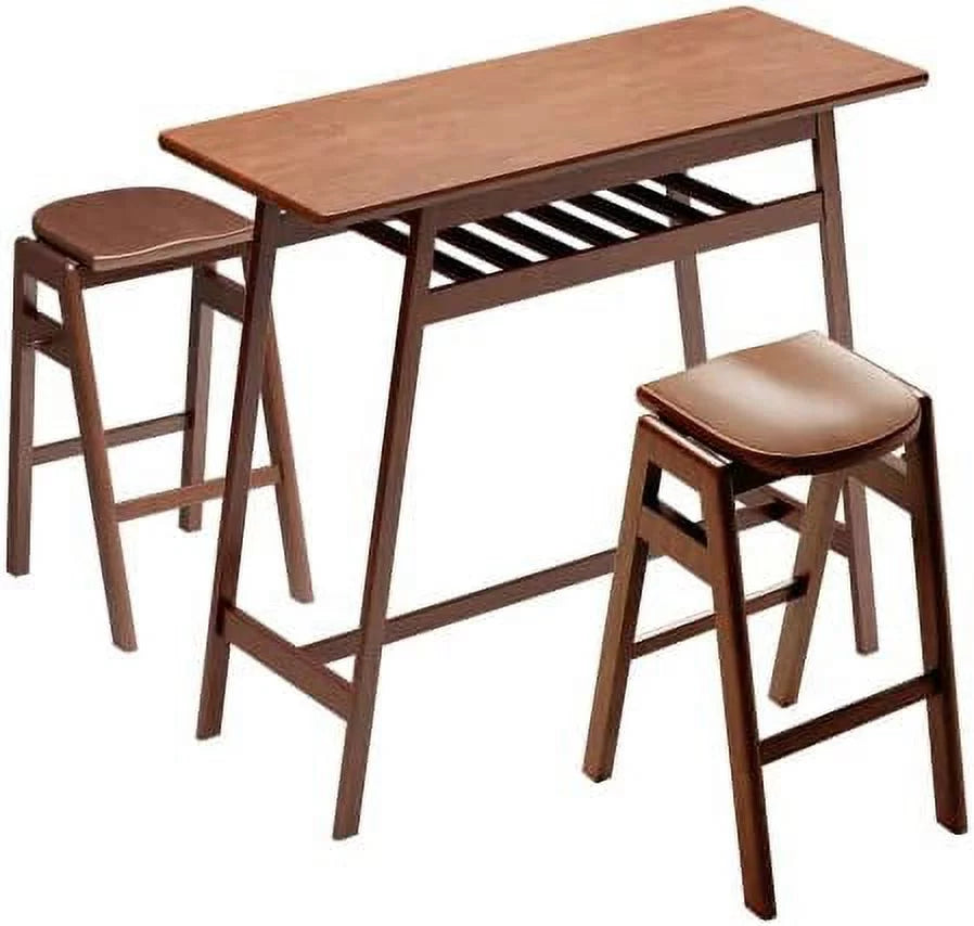 3 PCS Pub Dining Set Rubber Wood Stackable Backless High Stool with Shelf and Hooks H720
