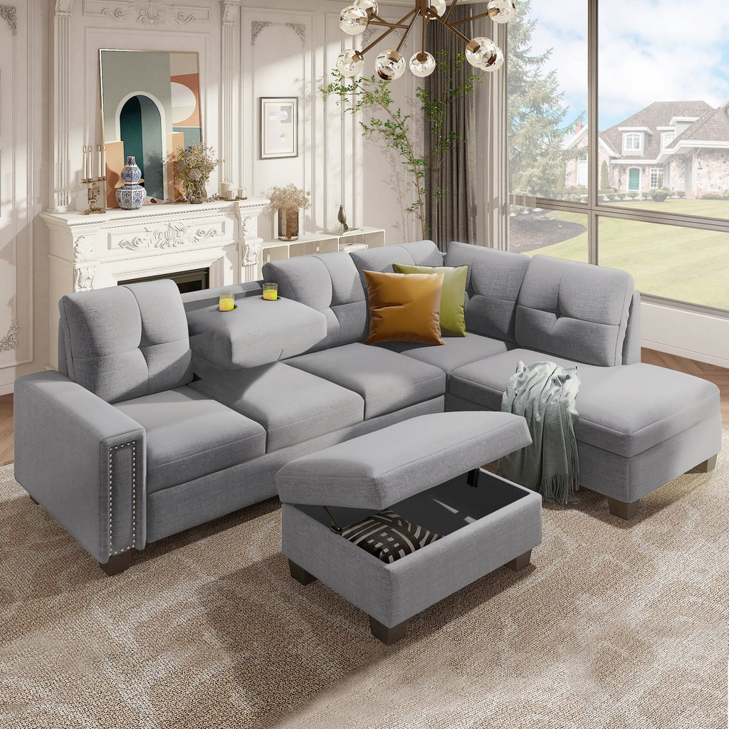 Light Gray Sectional Sofa with Reversible Chaise and Storage Ottoman X674181