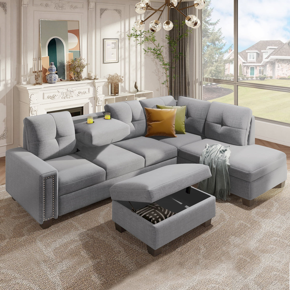 Light Gray Sectional Sofa with Reversible Chaise and Storage Ottoman X674181