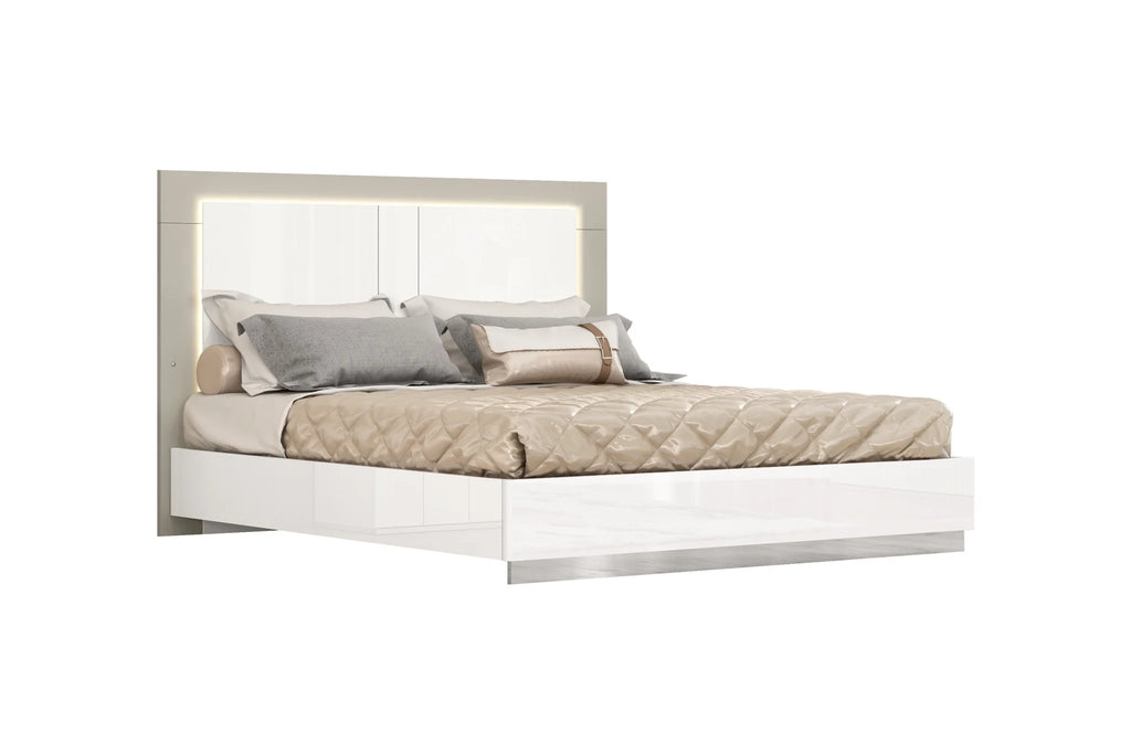 King Size White & Taupe High Gloss Bed Frame with LED Headboard O744698