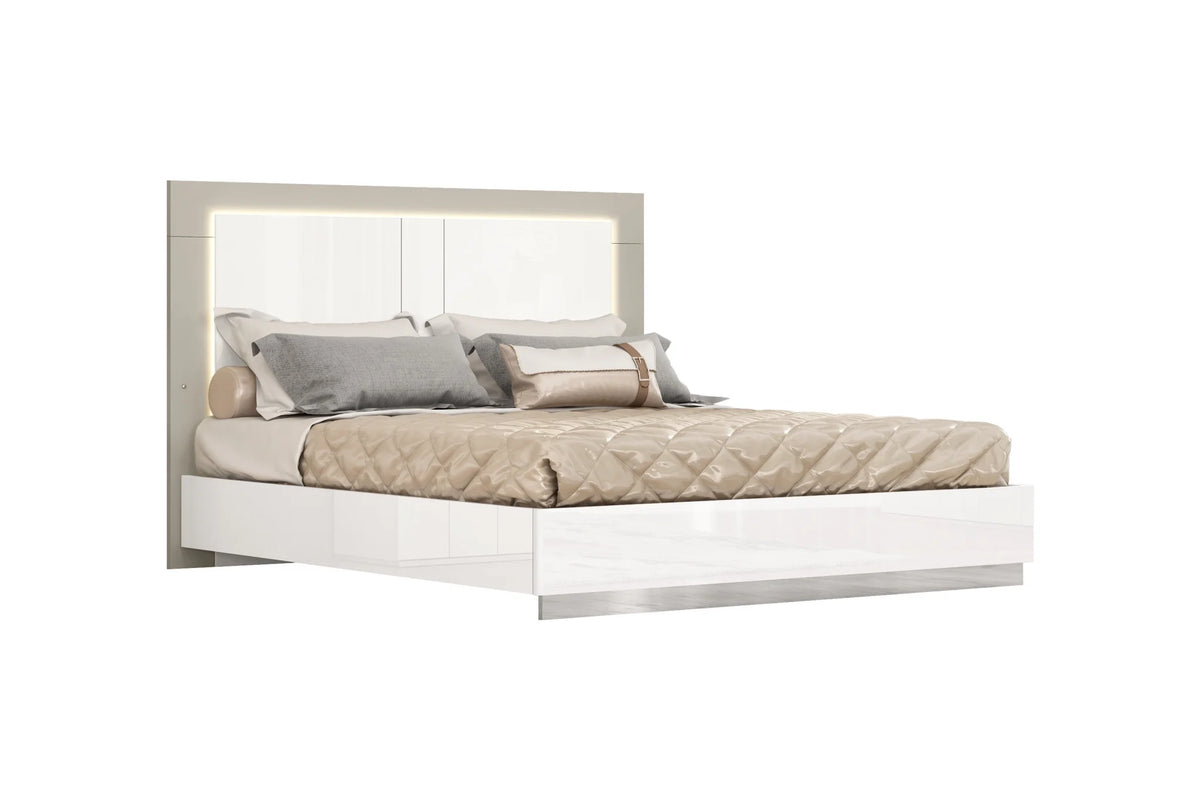 King Size White & Taupe High Gloss Bed Frame with LED Headboard O744698