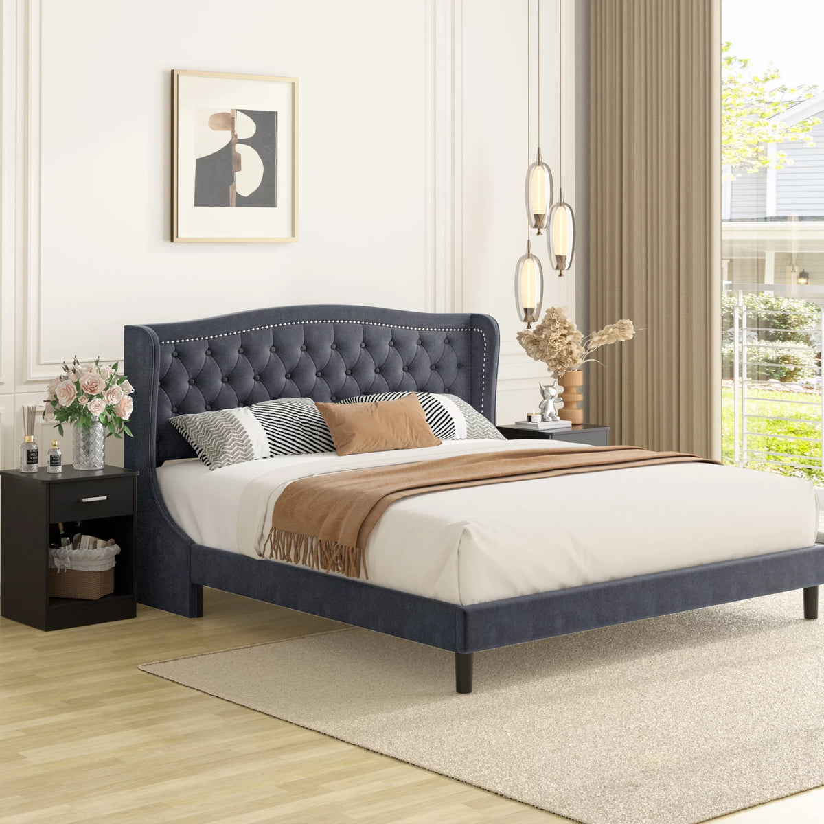 King Bed Frame with Wing-Back Button Tufted Upholstered Headboard J53049
