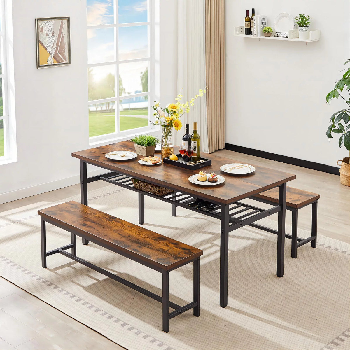 67 Inches 3-Piece Dining Table Set with 2 Benches X9044