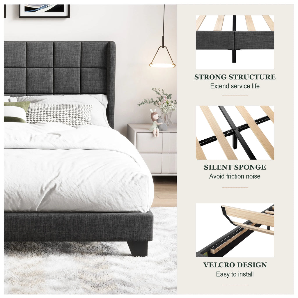Queen Size Dark Grey Platform Bed with Wingback Headboard U9336