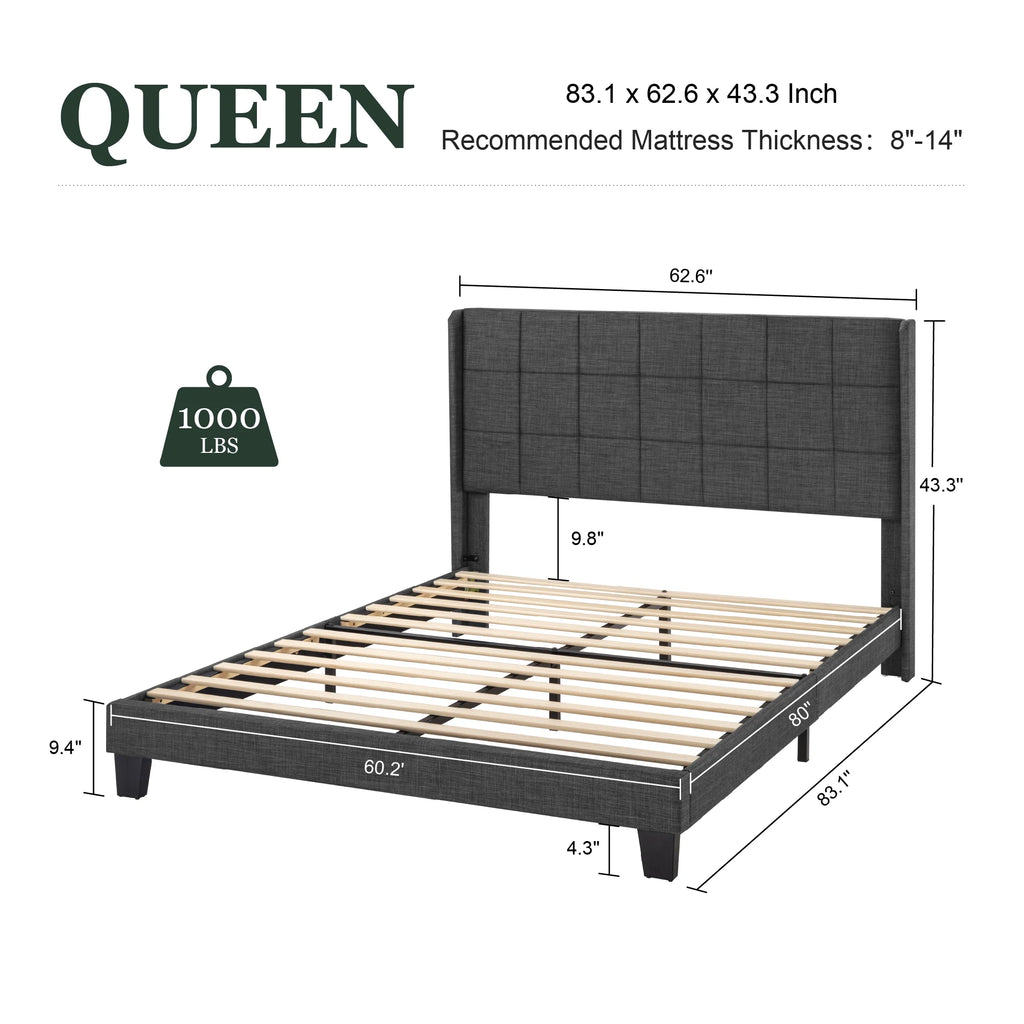 Queen Size Dark Grey Platform Bed with Wingback Headboard U9336